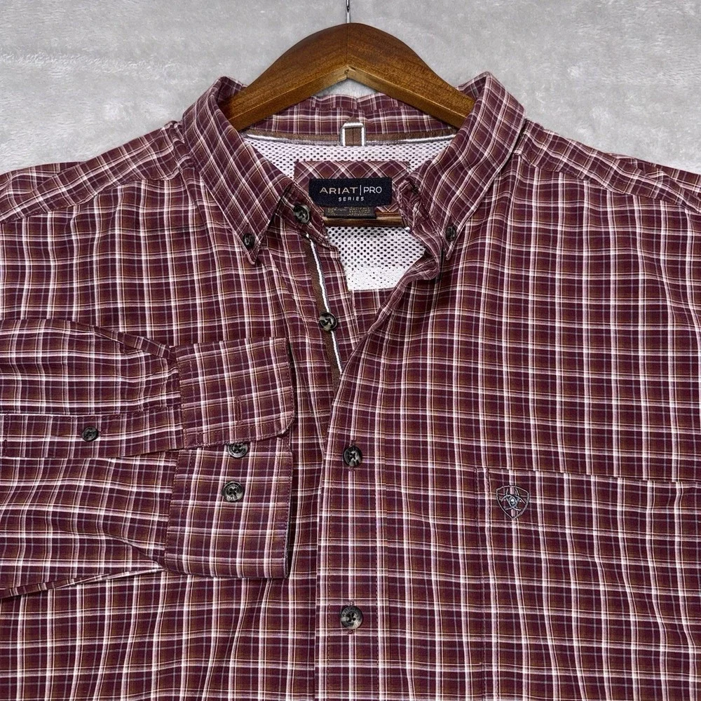 Ariat Pro SeriesShirt Men 2XL Maroon White Plaid Long Sleeve Button Down Western